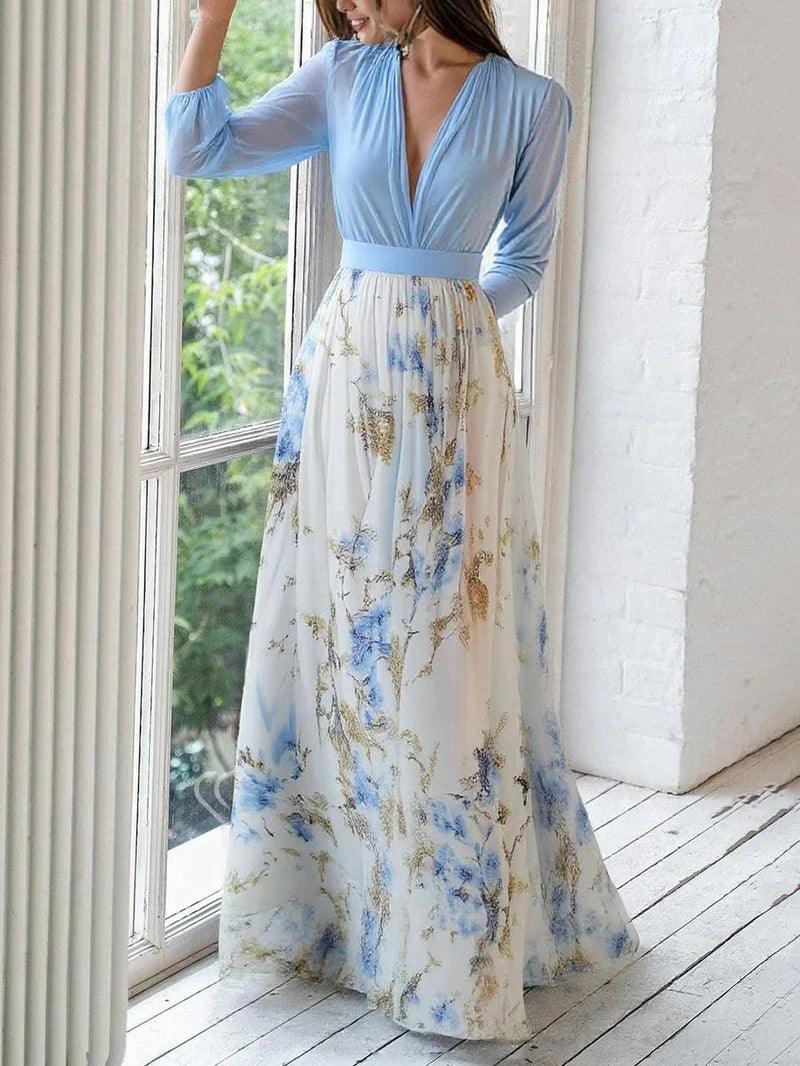 Elegant Blue Floral Maxi Dress for Women with V Neck Long Sleeve Contrast Waist Flowing Bohemian Style