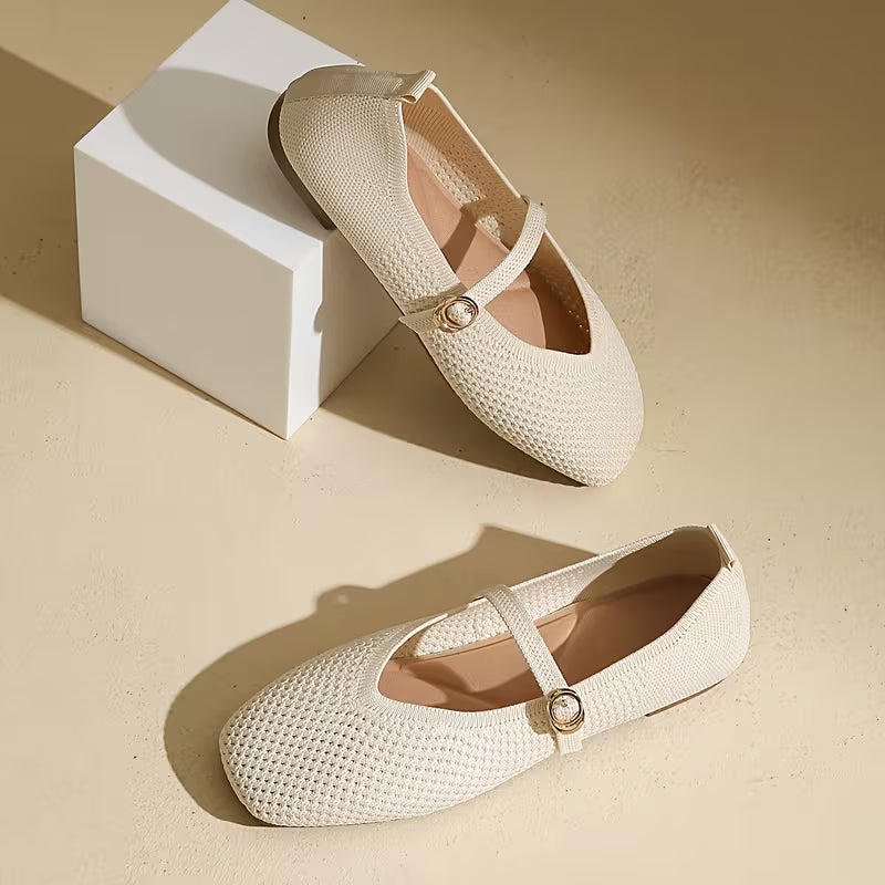 Comfortable Mary Jane Shoes for Women with Knit Upper Buckle Strap Flat Ballet Style