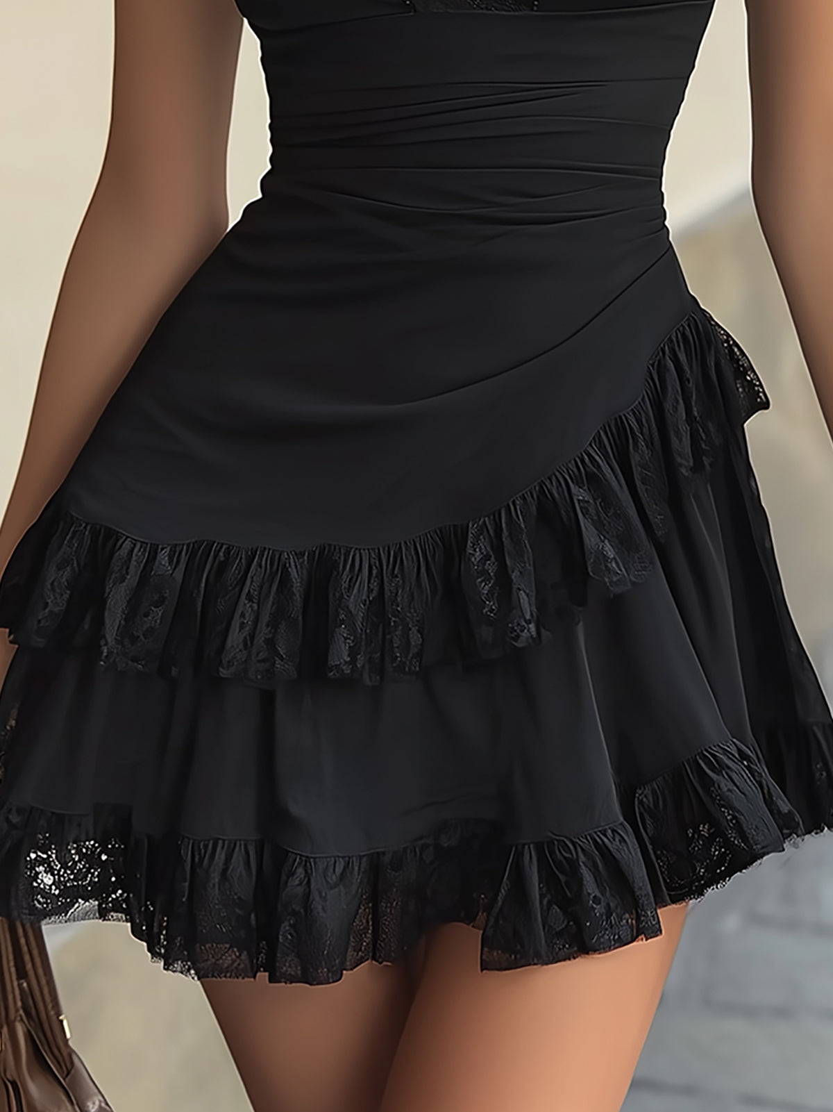 Elegant Black Lace Mini Dress for Women with V Neck Puff Sleeve Ruffle Tiered Cocktail Style