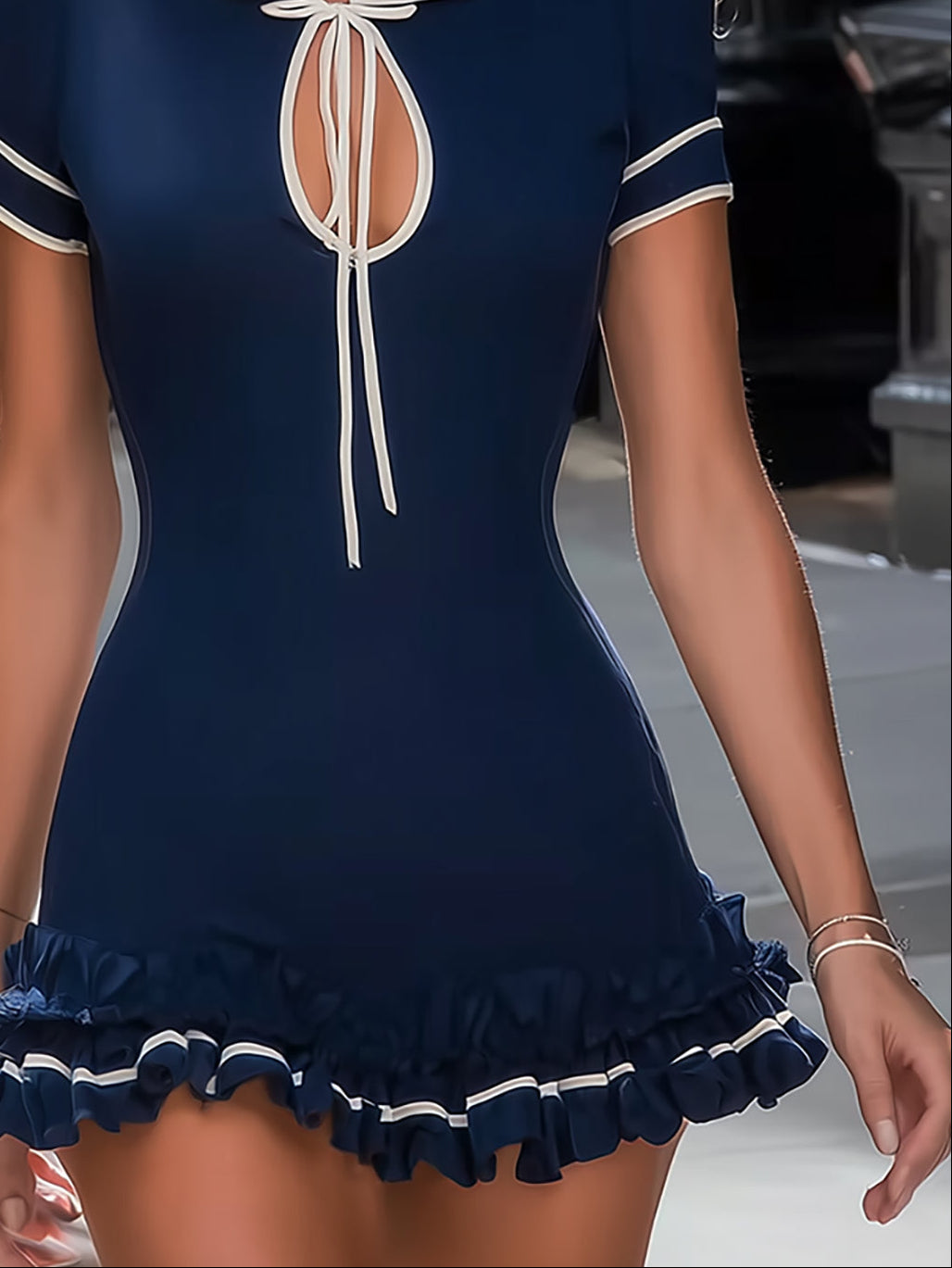 Elegant Navy Mini Dress for Women with Tie Neck Short Sleeve Ruffle Hem
