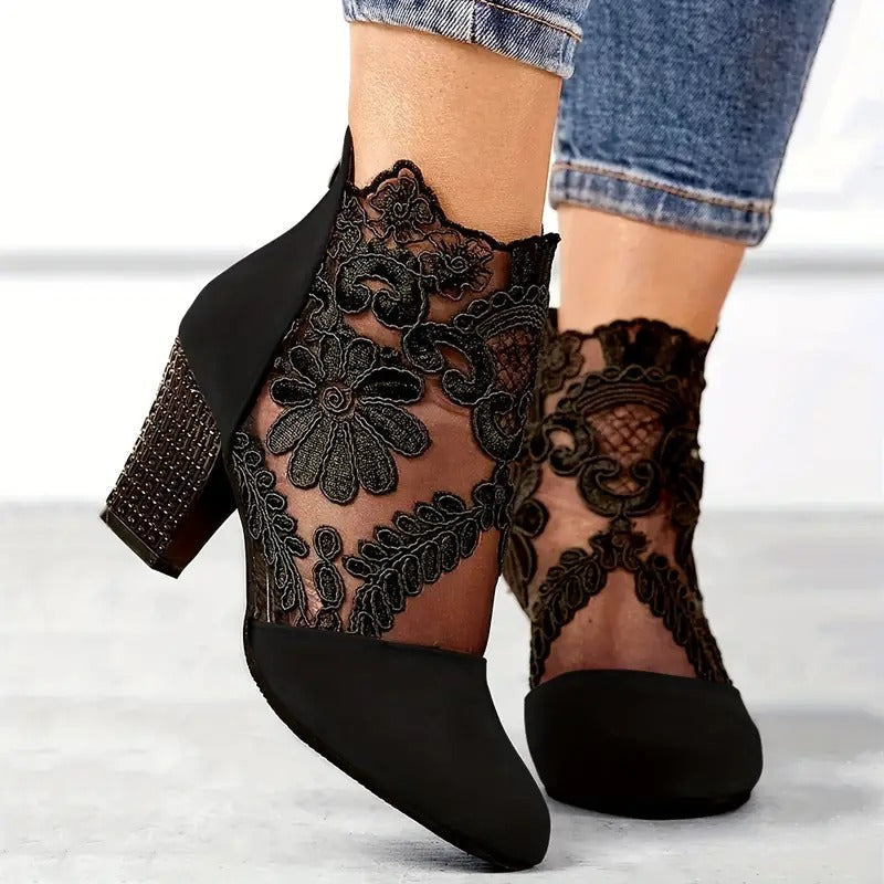 Elegant Ankle Boots for Women with Floral Lace Panel Block Heel Pointed Toe Style