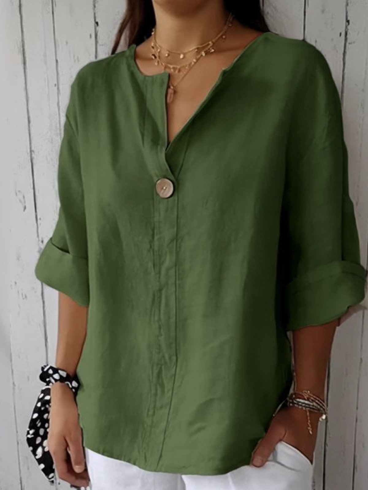 Effortless Linen Blouse for Women with V Neck Button Front Elbow Sleeve Relaxed Style