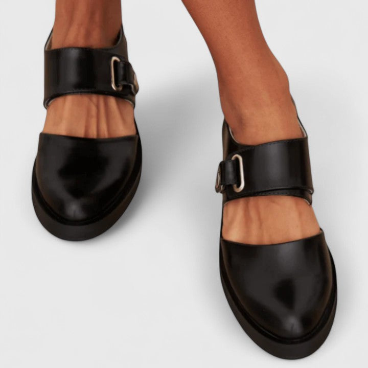 Elegant Black Leather Mary Jane Loafer for Women with Buckle Strap Round Toe Chunky Sole Casual Style