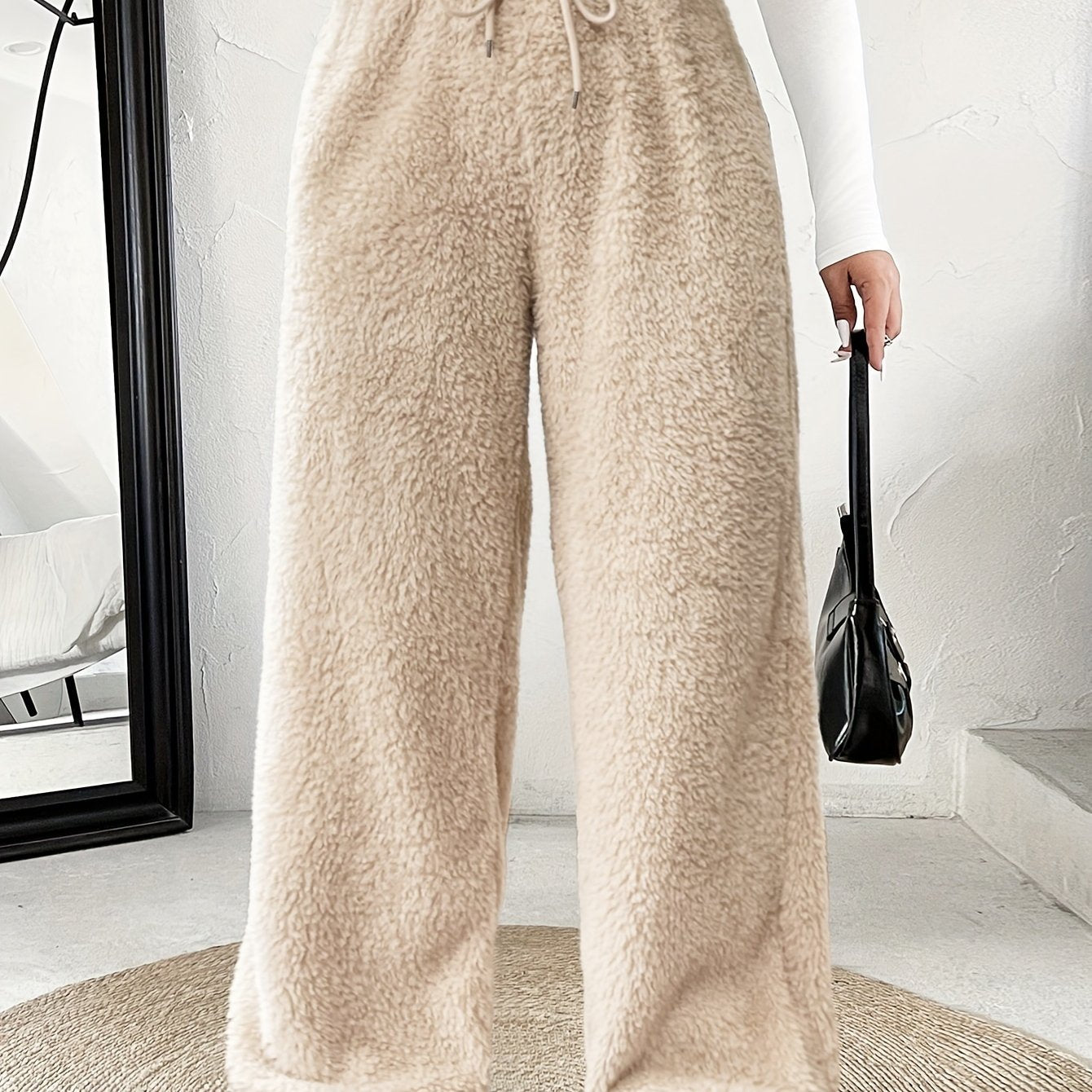 Comfortable Fuzzy Fleece Wide Leg Pants for Women with High Waist Drawstring Relaxed Casual Style