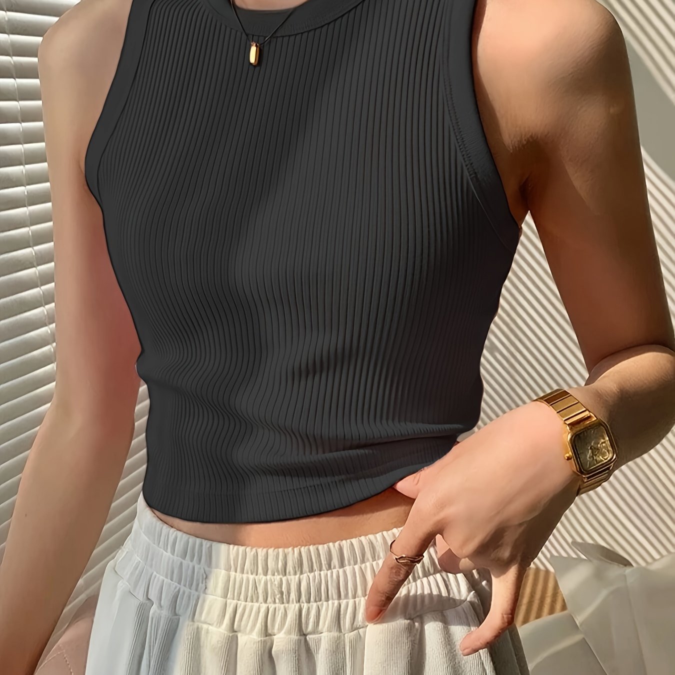 Effortless Ribbed Tank Top for Women with Mock Neck Sleeveless Cropped Racerback Style