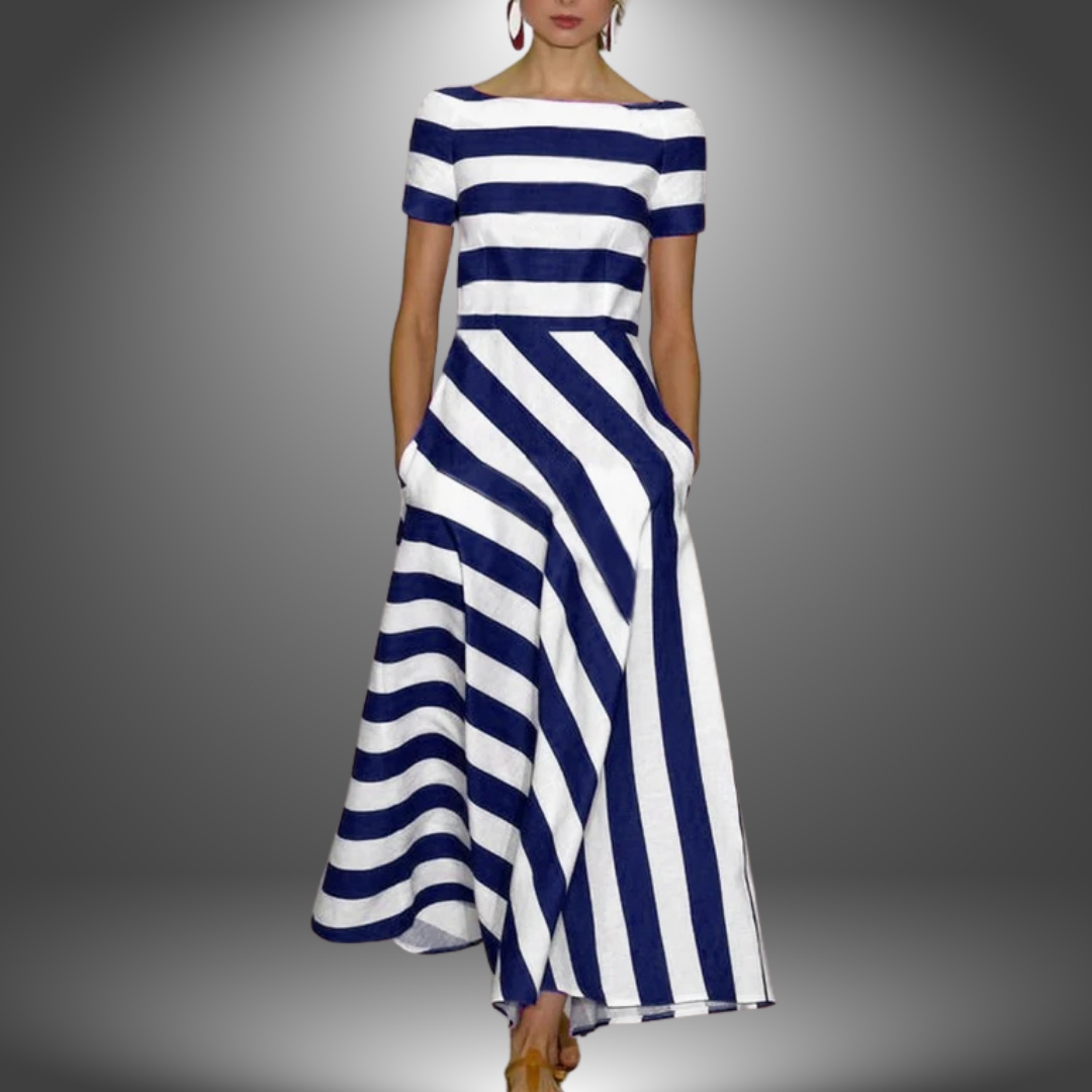 Elegant Striped Maxi Dress for Women with Boat Neck Short Sleeve Asymmetric Hem Flowing Style