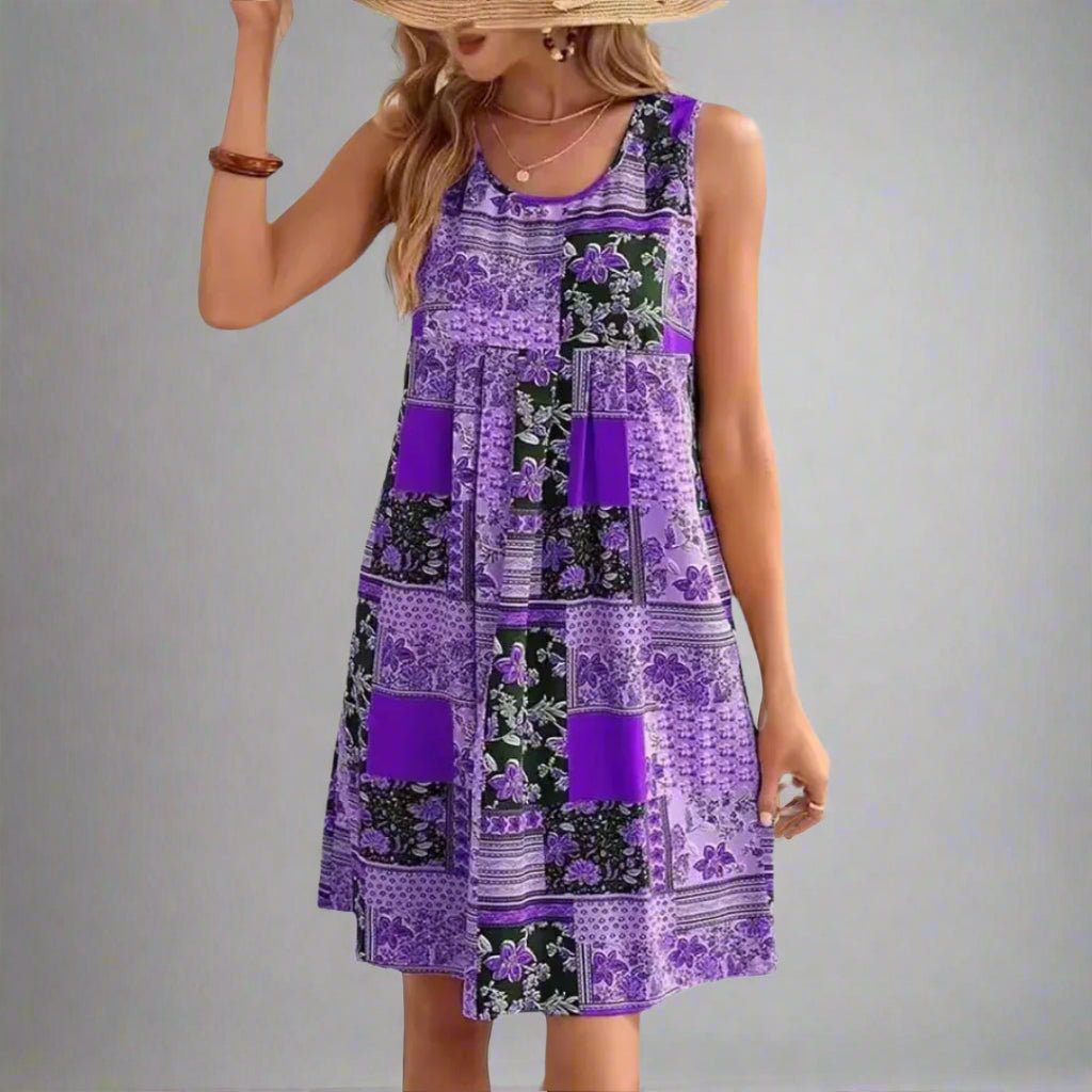 Effortless Patchwork Floral Mini Dress for Women with Scoop Neck Sleeveless Pleated Boho Style