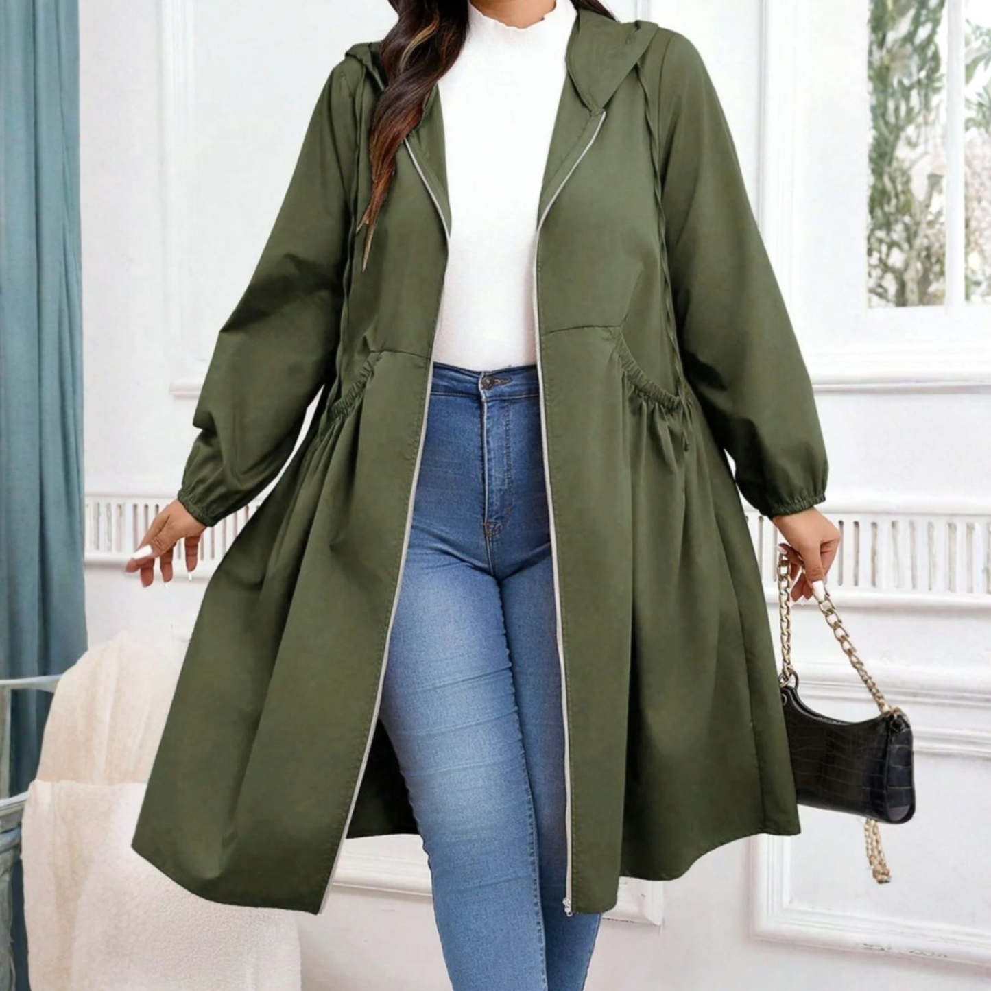 Effortless Hooded Longline Trench Coat for Women with Zip Front Long Sleeve Drawstring Waist Casual Style