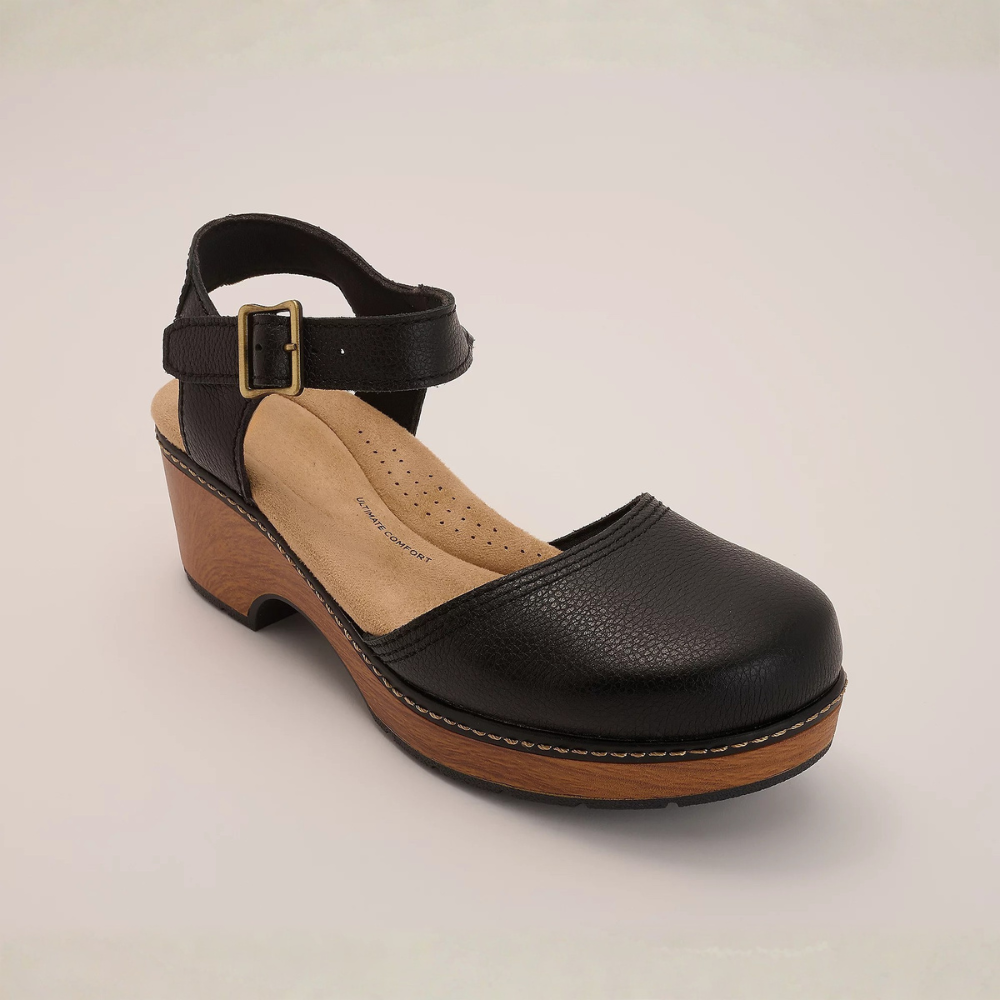 Comfortable Clogs for Women with Buckle Ankle Strap Wood Look Block Heel Closed Toe Style