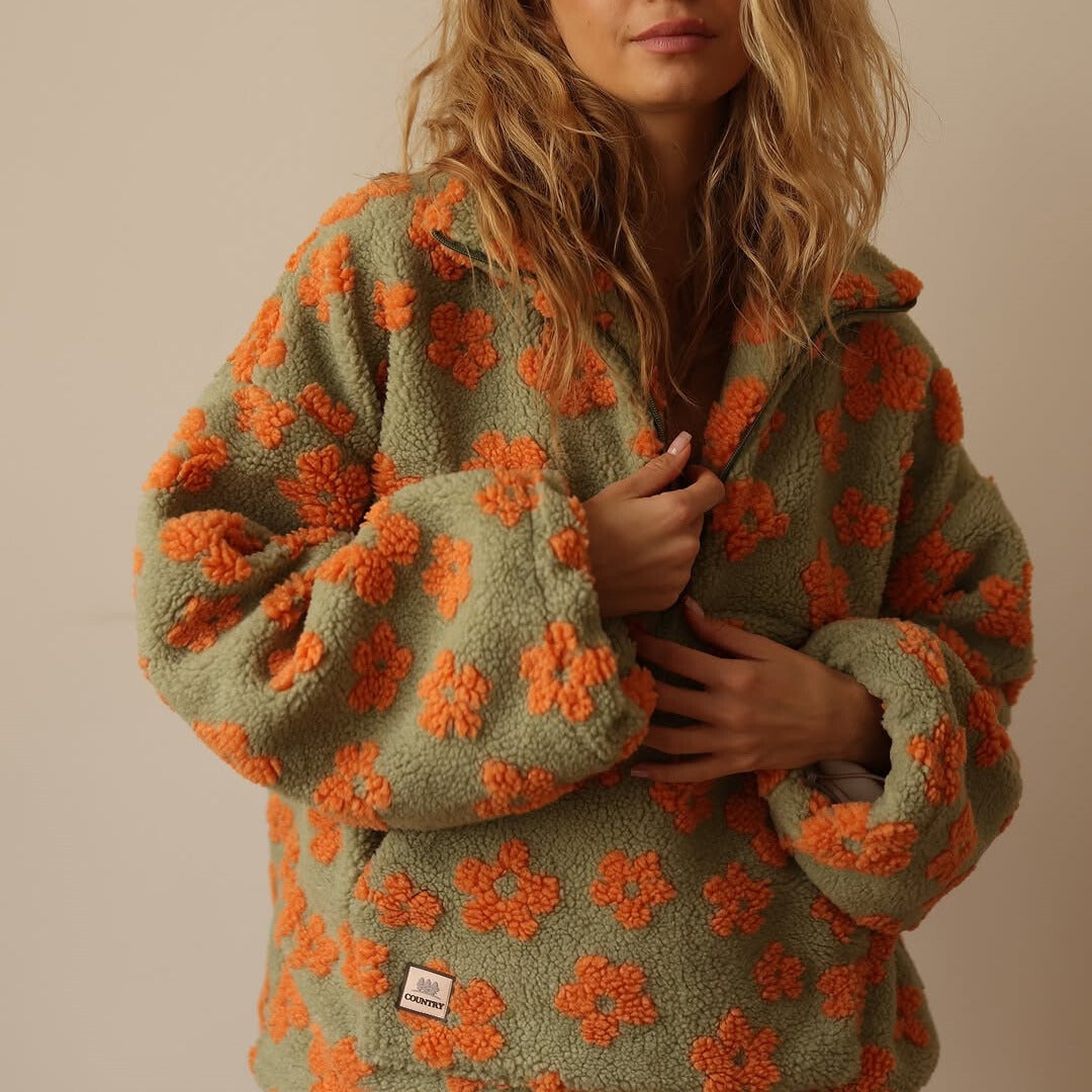 Effortless Floral Sherpa Jacket for Women with Collar Long Sleeve Half Zip Oversized Casual Style
