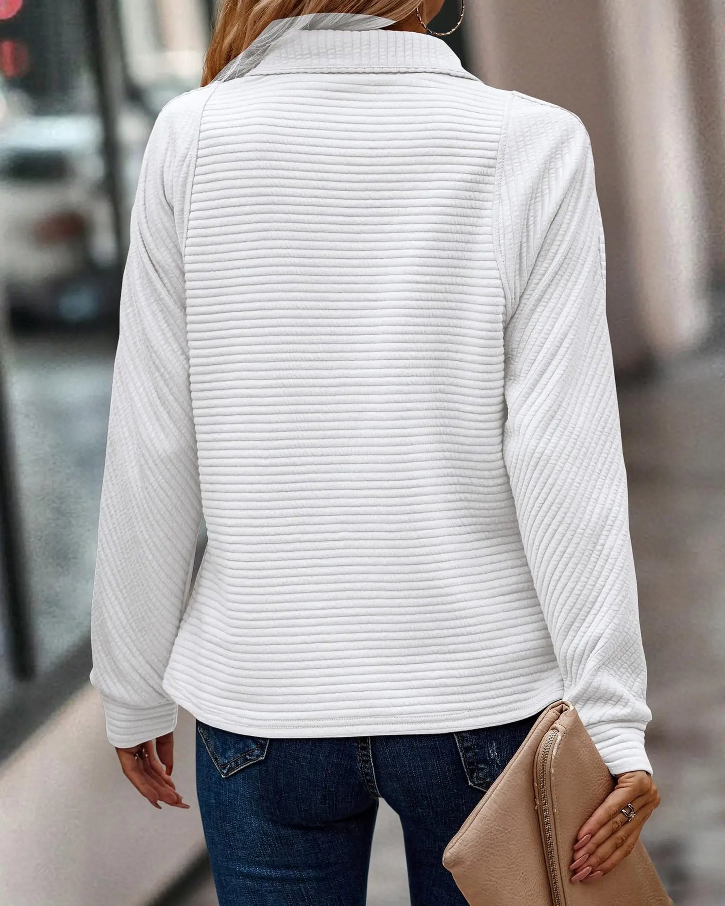 Comfortable Ribbed Knit Quarter Zip Pullover for Women with Collar Long Sleeve Relaxed Casual Style