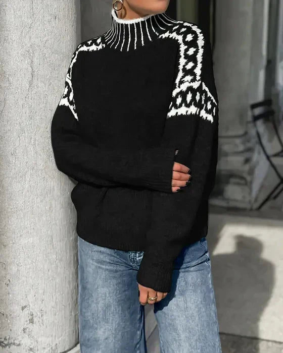 Comfortable Fair Isle Sweater for Women with Mock Neck Long Sleeve Oversized Knit Style