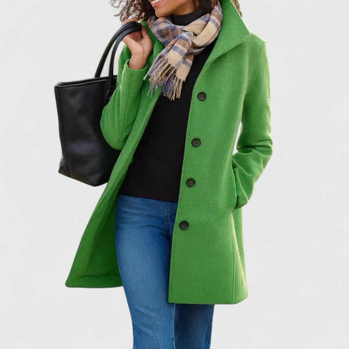 Elegant Wool Pea Coat for Women with Notch Collar Long Sleeve Button Front Longline Casual Style