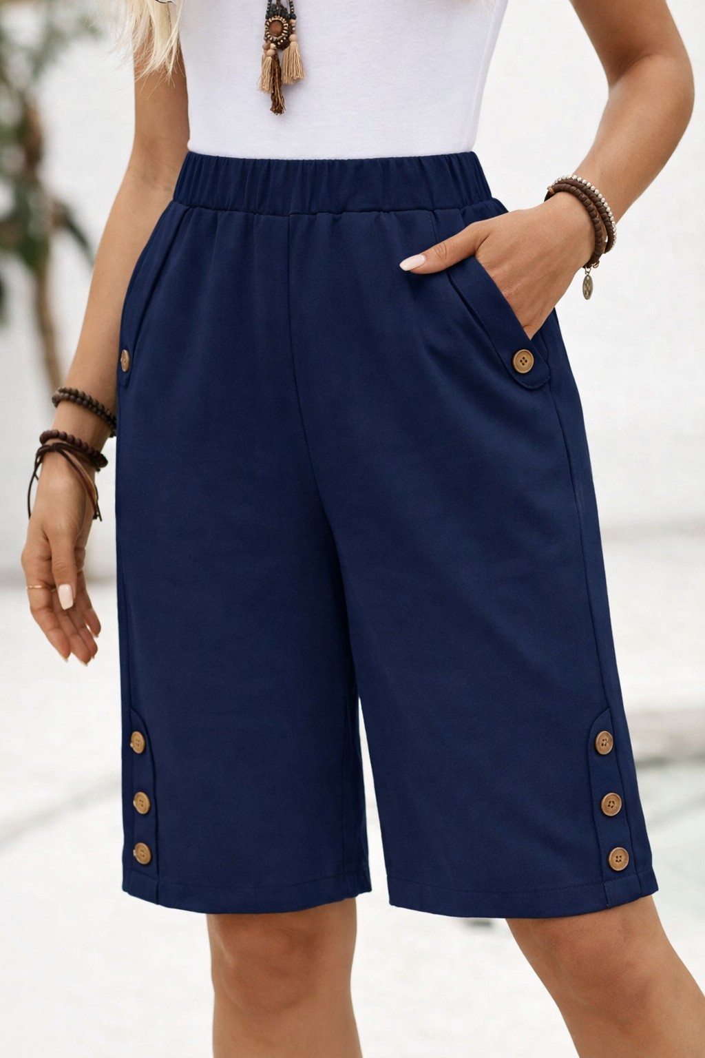 Effortless Black Bermuda Shorts for Women with High Waist Elastic Button Trim Relaxed Casual Style
