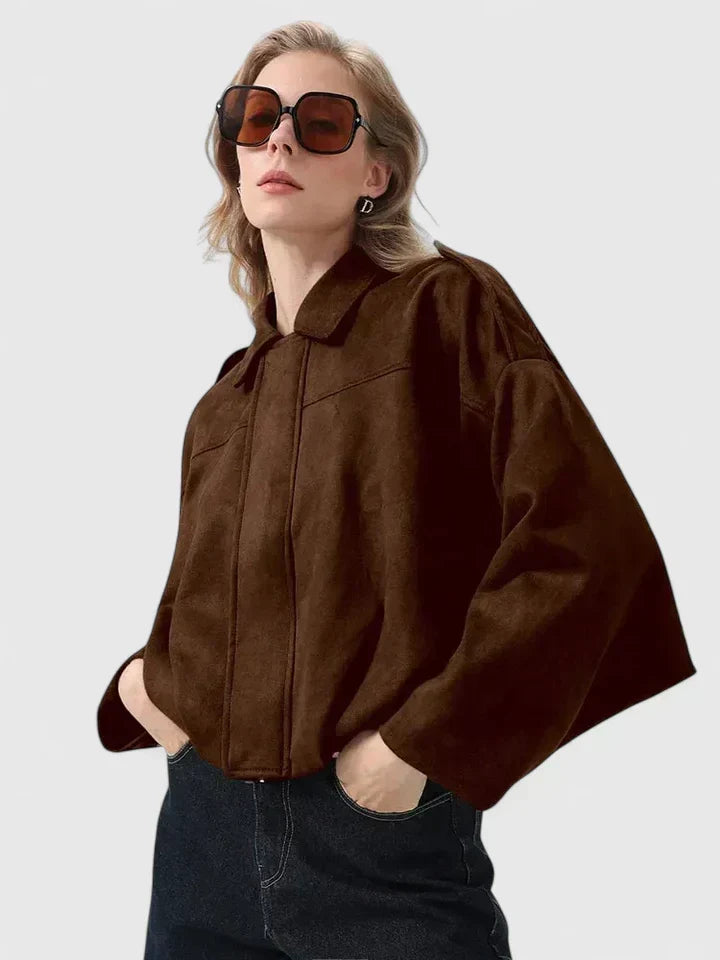 Effortless Faux Suede Cropped Jacket for Women with Point Collar Long Sleeve Oversized Bubble Hem Casual Style