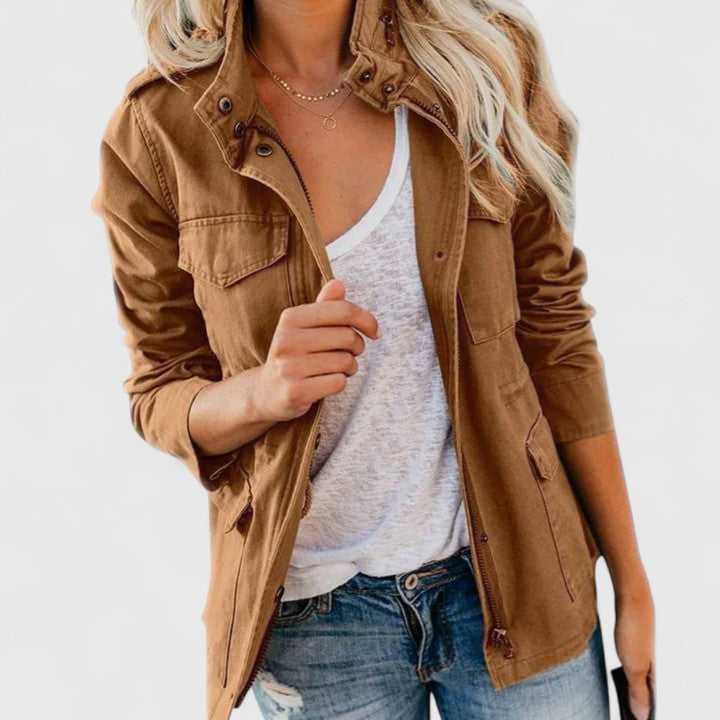 Effortless Utility Jacket for Women with Stand Collar Long Sleeve Snap Button Flap Pocket Casual Style