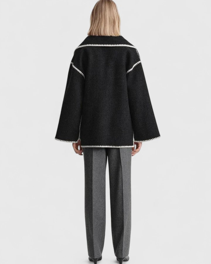 Elegant Fringe Trim Wool Cape Jacket for Women with High Collar Long Sleeve Oversized Style