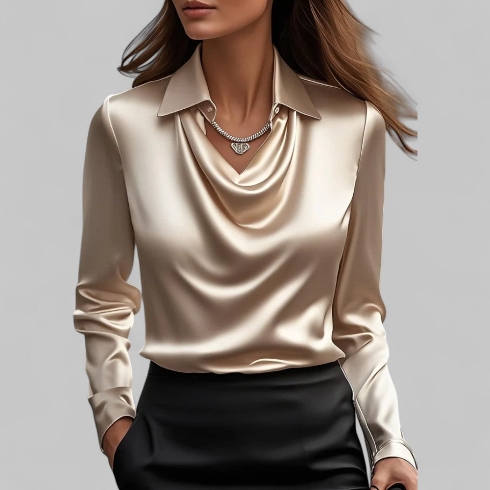 Elegant Satin Blouse for Women with Cowl Neck Collar Long Sleeve Silky Style
