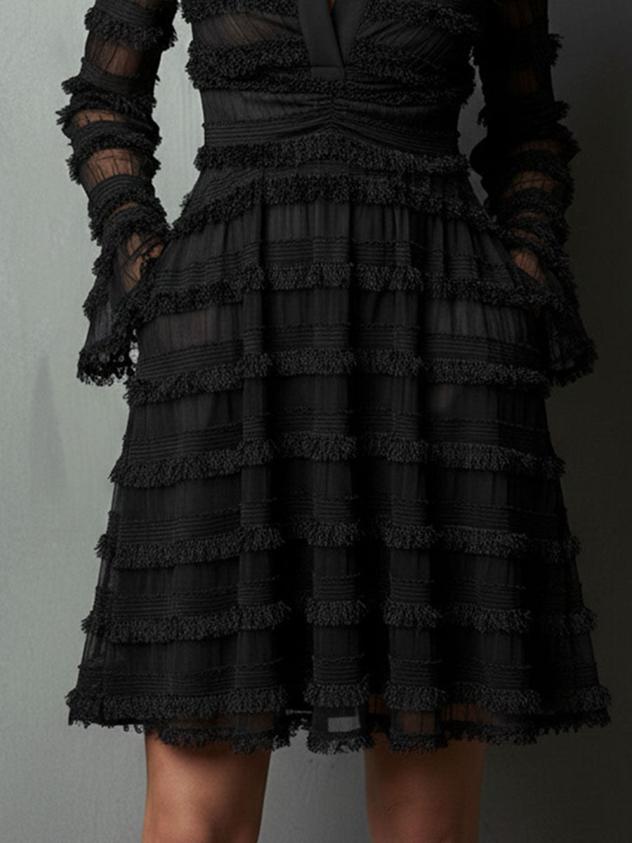 Elegant Black Fringe Mini Dress for Women with Collar V Neck Long Bell Sleeve Fit and Flare Cocktail Style