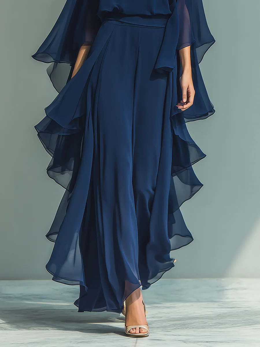 Elegant Navy Chiffon Jumpsuit for Women with Round Neck Flutter Sleeve Ruffle Wide Leg Flowing Style