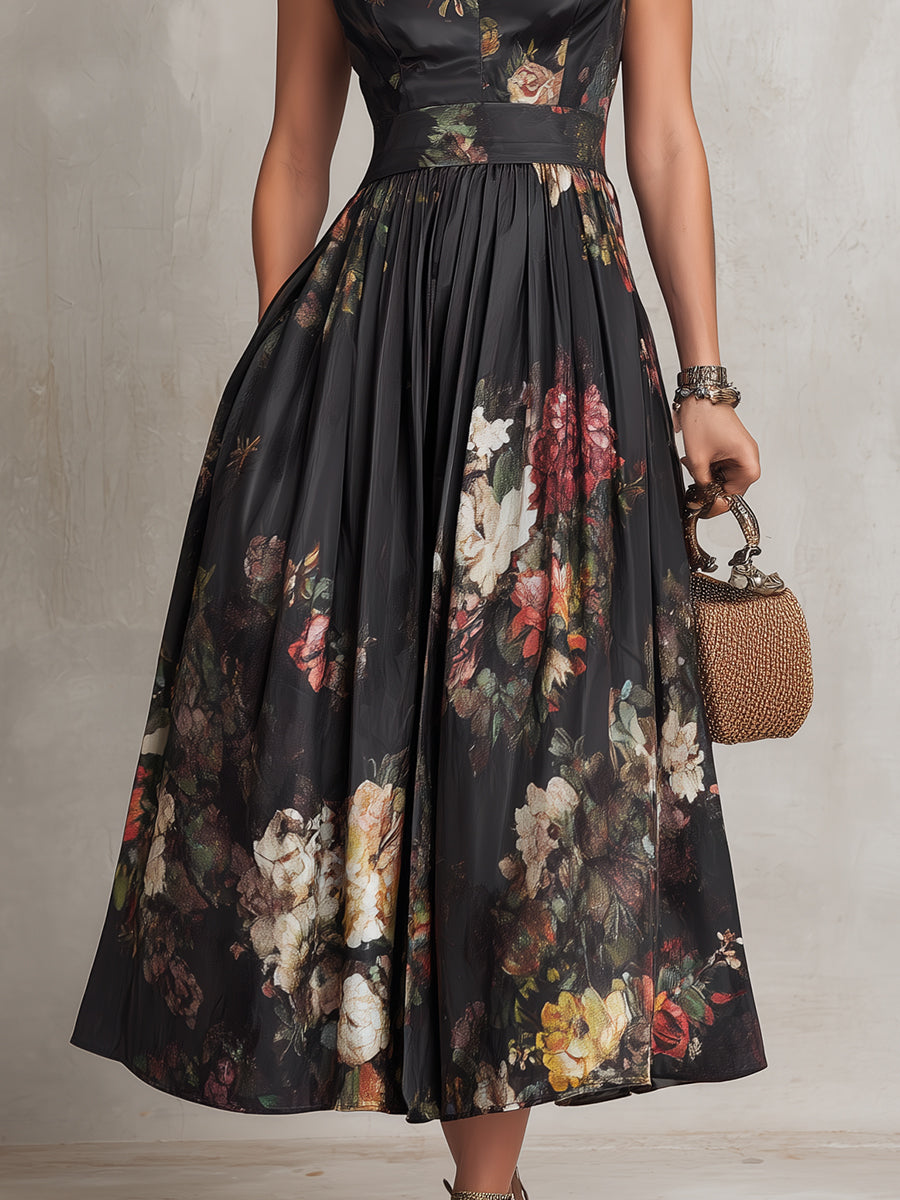 Elegant Black Floral Midi Dress for Women with Mandarin Collar Cap Sleeve Keyhole Fit Flare Style