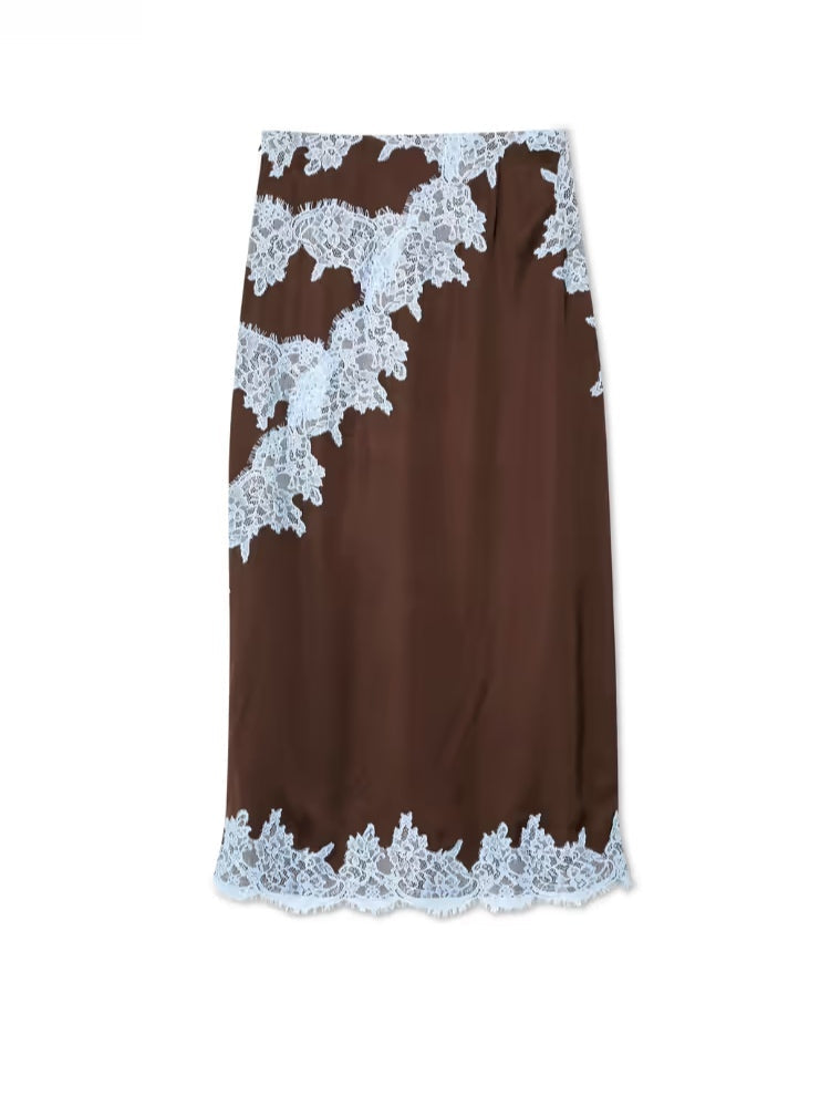 Elegant Brown Lace Trim Two Piece Set for Women with Halter Neck Sleeveless Maxi Skirt Wedding Guest Style