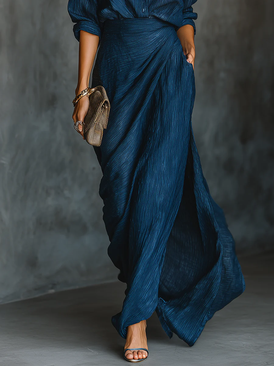 Elegant Dark Blue Textured Two Piece Set for Women with Collar Long Sleeve Wrap Maxi Skirt Flowing Style