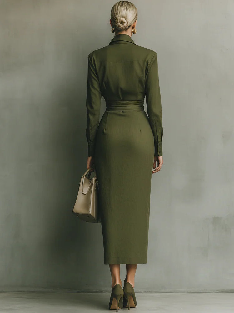 Elegant Army Green Wrap Midi Dress for Women with Collar Long Sleeve Ruched Waist Flowing Style