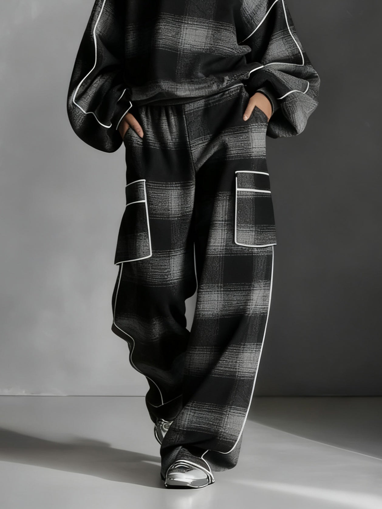 Effortless Black Gray Plaid Two Piece Set for Women with Round Neck Long Sleeve Cargo Pocket Relaxed Style