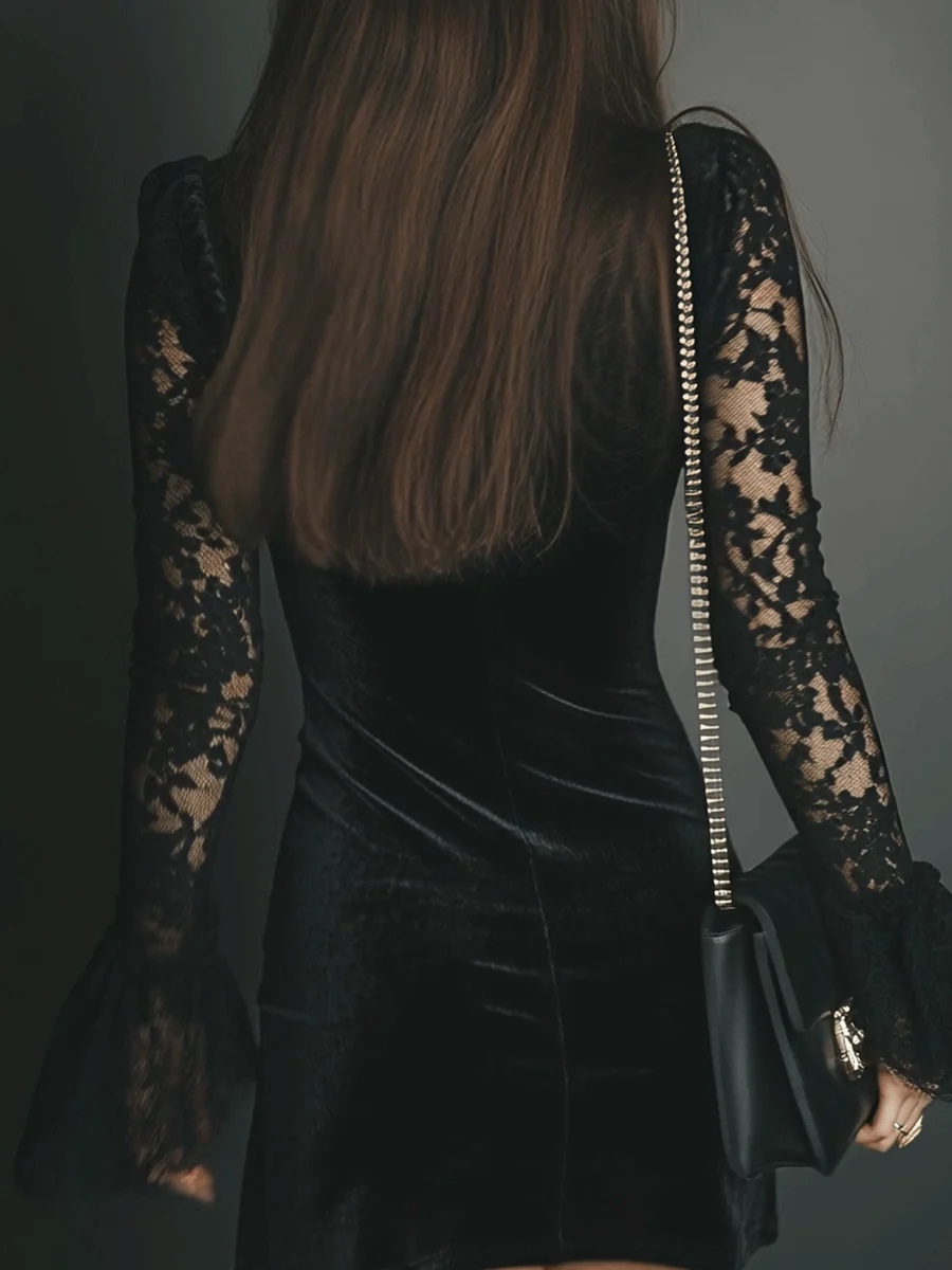 Elegant Black Velvet Mini Dress for Women with V Neck Lace Long Sleeve Bodycon Cocktail Style