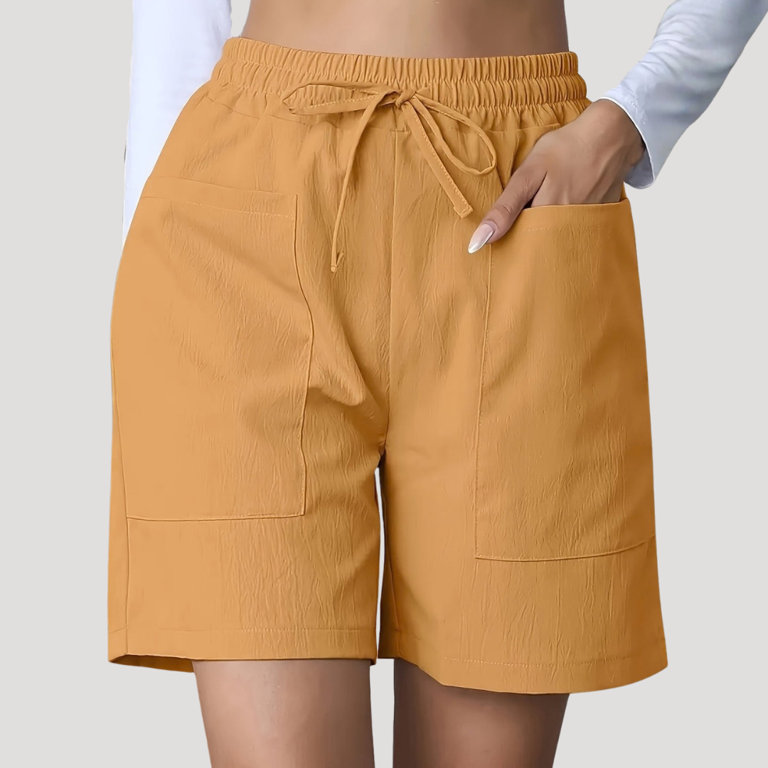 Effortless Textured Bermuda Shorts for Women with High Waist Drawstring Relaxed Pocket Casual Style