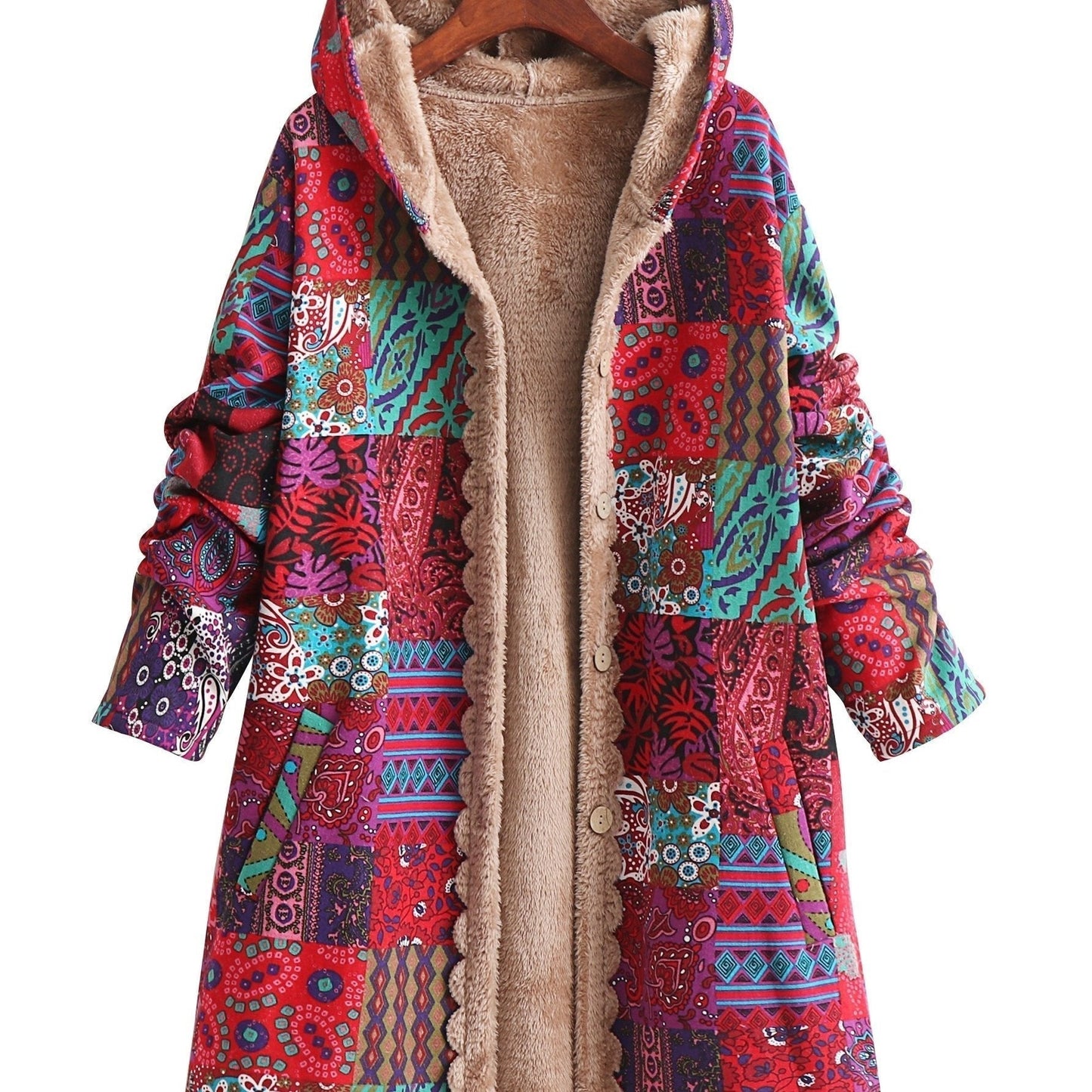 Effortless Patchwork Print Hooded Coat for Women with Fleece Lined Button Front Oversized Bohemian Style