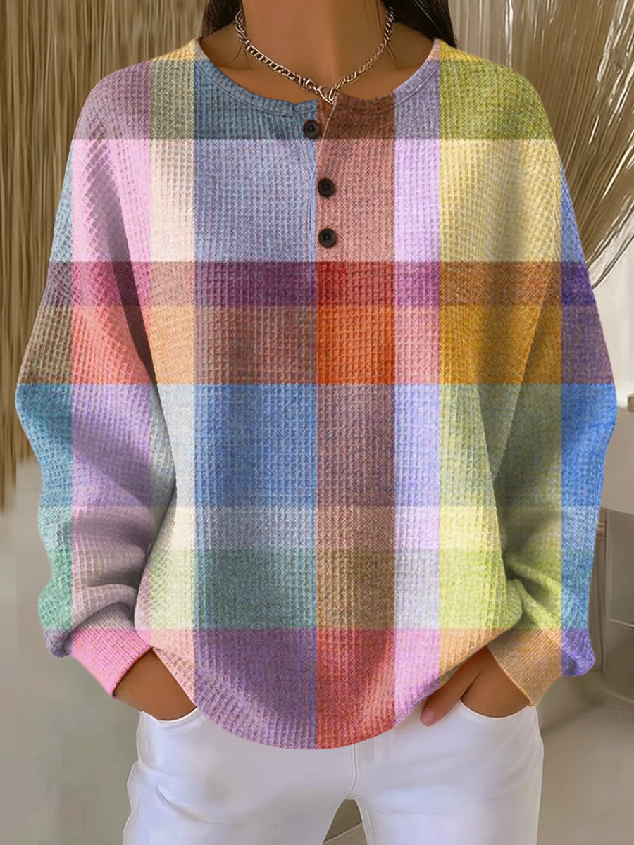 Comfortable Plaid Waffle Knit Top for Women with Round Neck Long Sleeve Button Placket Oversized Style
