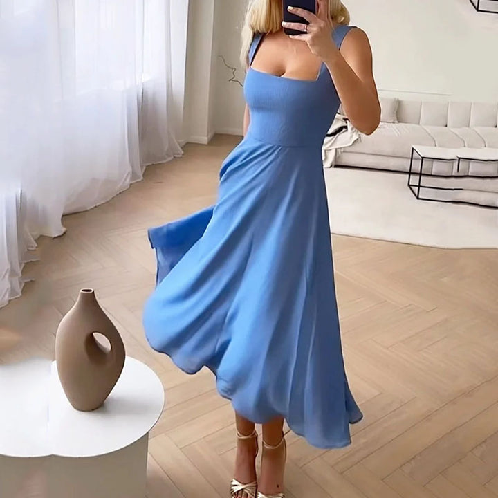 Elegant Chiffon Midi Dress for Women with Square Neck Sleeveless Fit And Flare Cocktail Style