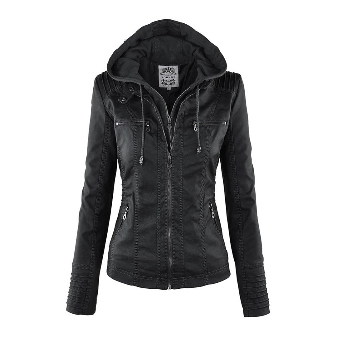 Effortless Faux Leather Moto Jacket for Women with Detachable Hood Long Sleeve Zip Front Casual Style