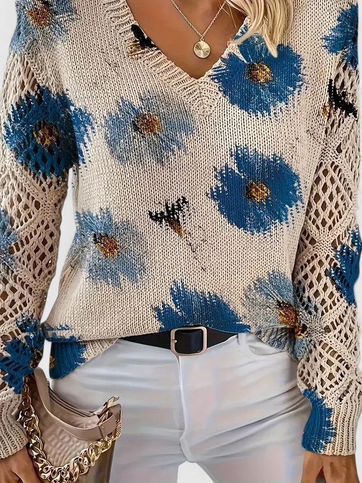 Comfortable Floral Print Sweater for Women with V Neck Long Sleeve Crochet Panel Oversized Knit Style