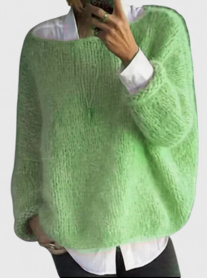 Comfortable Fuzzy Knit Sweater for Women with Wide Neck Long Sleeve Relaxed Oversized Style