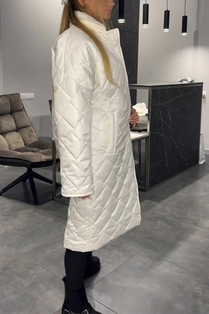 Effortless Quilted Puffer Coat for Women with Notch Lapel Long Sleeve Leopard Trim Oversized Style