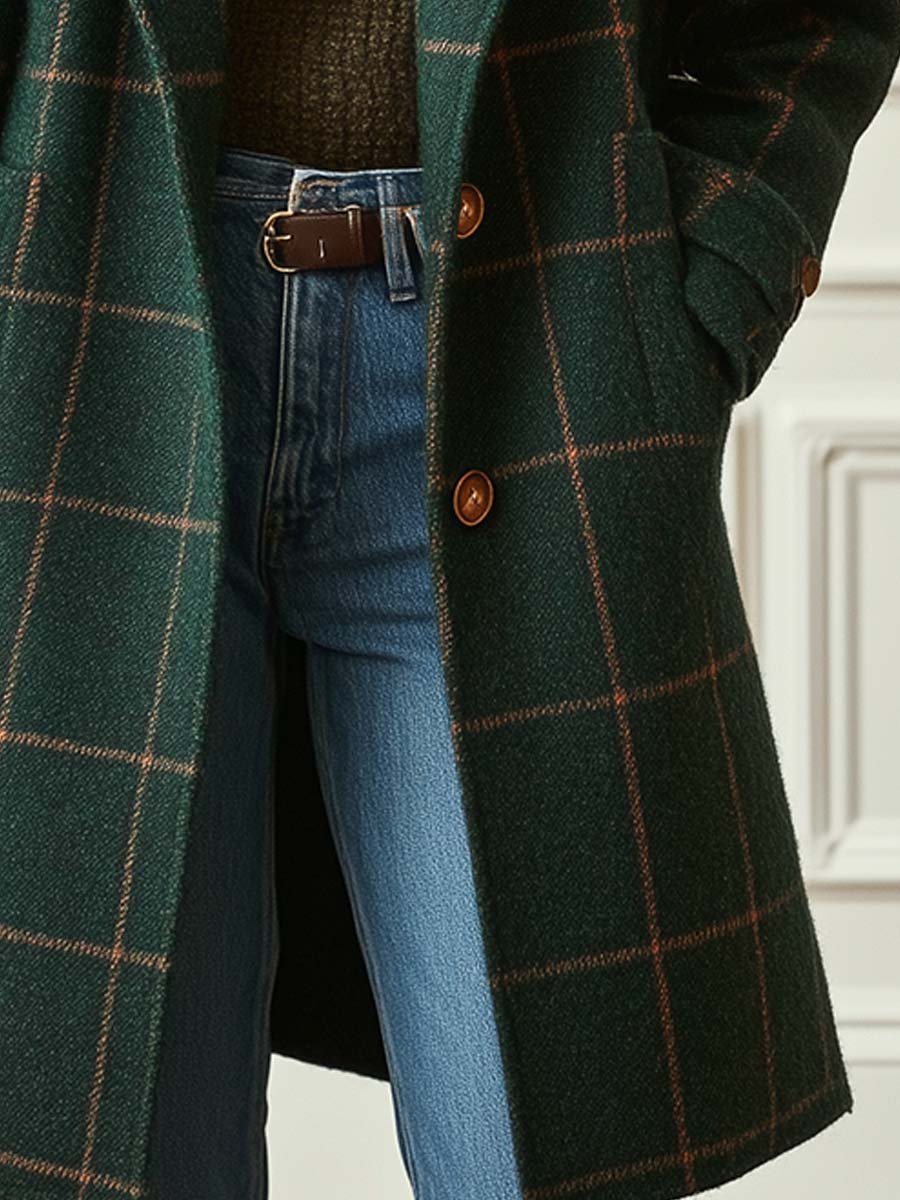 Elegant Dark Green Plaid Wool Coat for Women with Notched Lapel Long Sleeve Button Front Relaxed Style