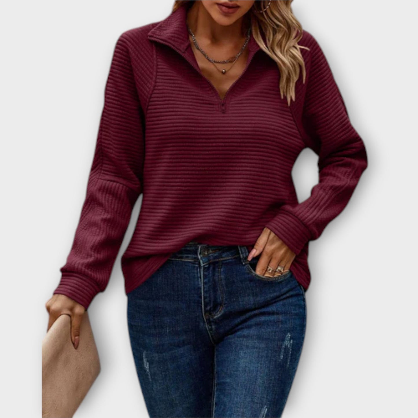 Effortless Textured Knit Sweatshirt for Women with Quarter Zip Collar Long Sleeve Oversized Sweaters Style