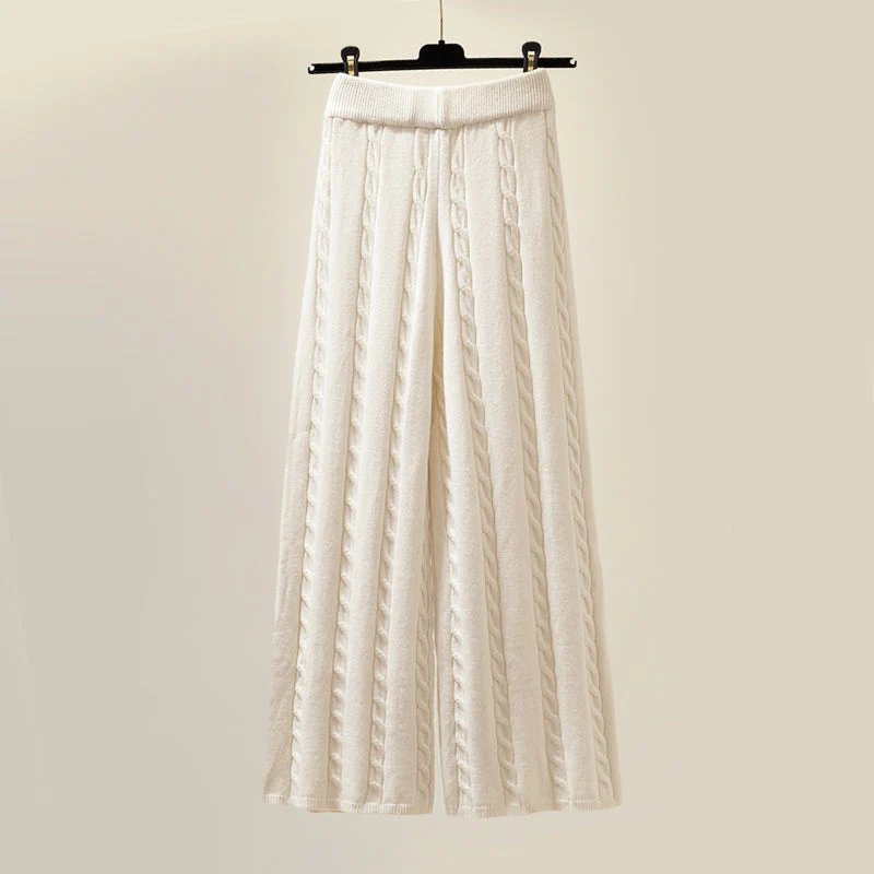 Elegant White Three Piece Set for Women with Turtleneck Sweater Sherpa Vest Wide Leg Pant Knit Style