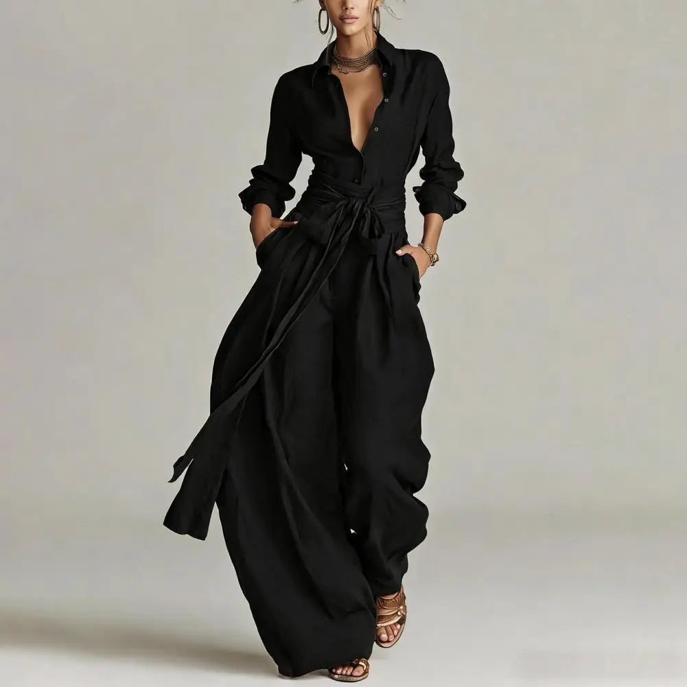 Effortless Linen Wide Leg Jumpsuit for Women with Collar Long Sleeve Button Front Tie Waist Relaxed Style