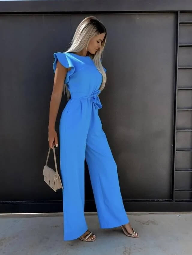 Elegant Wide Leg Jumpsuit for Women with Round Neck Ruffle Cap Sleeve Belted Flowing Style