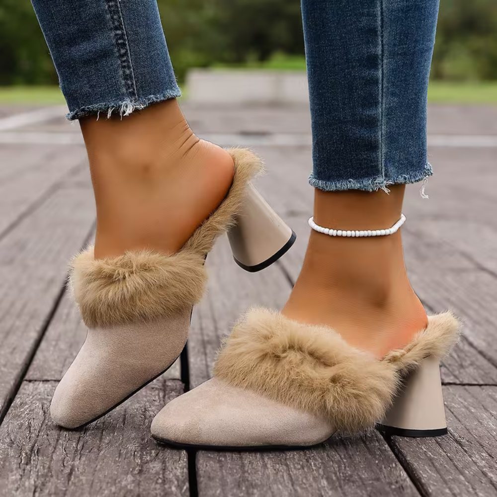 Elegant Mules Heels for Women with Faux Fur Trim Pointed Toe Chain Detail Block Heel Style