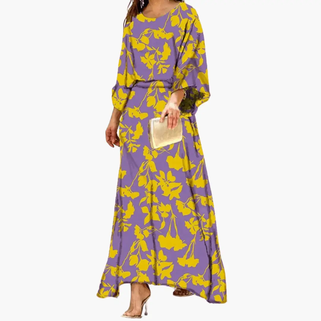 Effortless Abstract Print Maxi Dress for Women with Round Neck Batwing Sleeve Blouson Flowing Bohemian Style