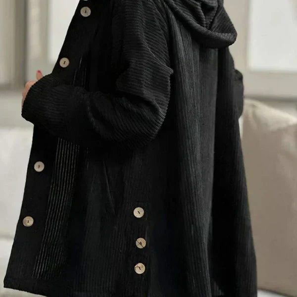 Comfortable Black Corduroy Hooded Coat for Women with Button Front Long Sleeve Oversized High Low Casual Style
