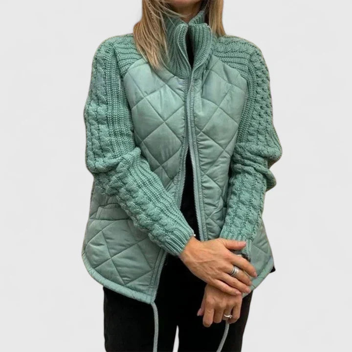 Effortless Quilted Jacket for Women with High Neck Long Sleeve Cable Knit Zip Front Style