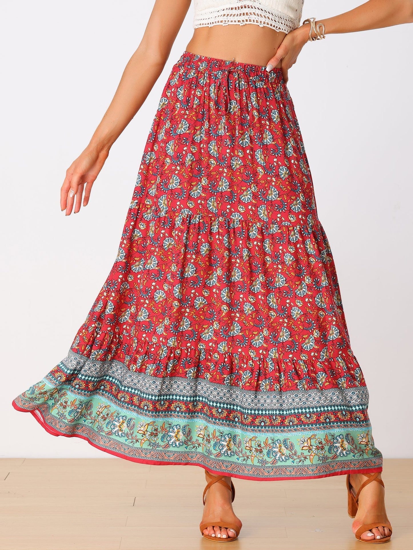 Effortless Printed Maxi Skirt for Women with High Waist Side Slit Flowing