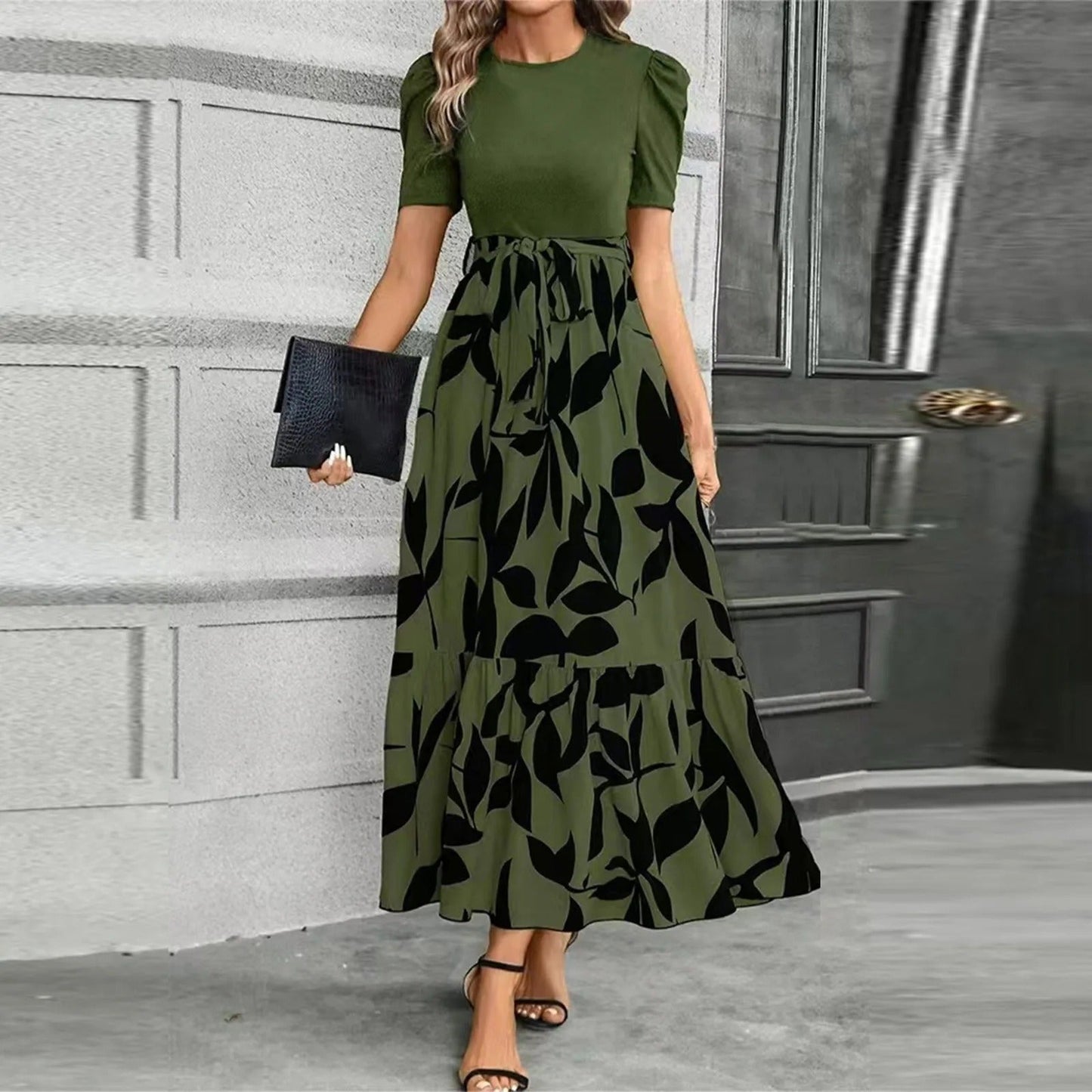 Elegant Floral Print Maxi Dress for Women with Round Neck Puff Sleeve Tie Waist Ruffle Hem Style