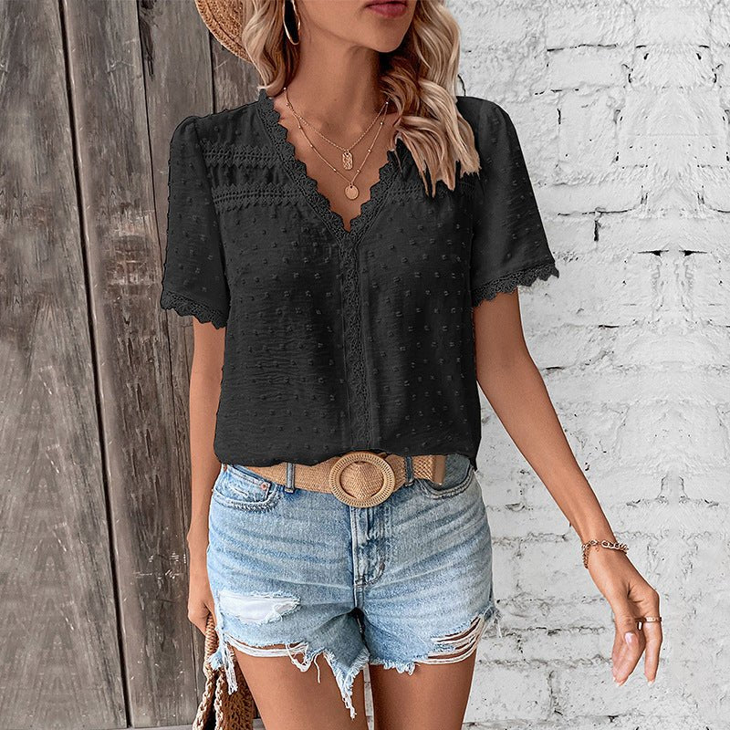 Effortless Swiss Dot Blouse for Women with V Neck Short Sleeve Lace Trim Boho Style